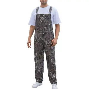 Men’s adjustable denim overalls with a fashionable leaf pattern bib coverall design and pockets; camouflage outdoor jumpsuit with zipper; men’s fall/winter wear