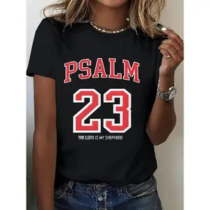 Women's Casual T-Shirt with Psalm 23 Print - Round Neck, Short Sleeve, All-Season Comfort, Perfect for Outdoor Activities & Holiday Gifts, Outdoor Apparel| Geometric Print Tee| Fabric