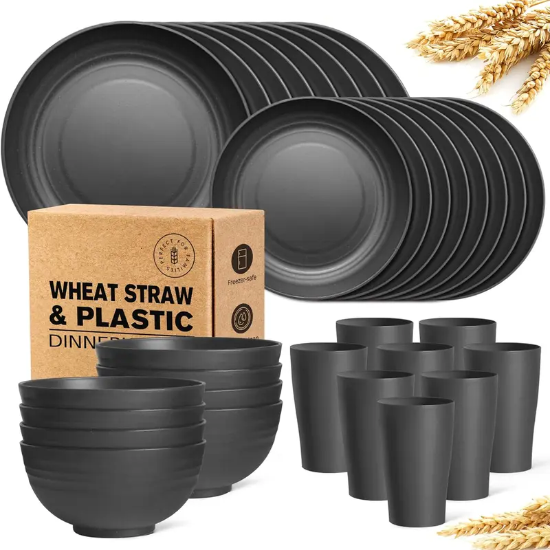 Eco-Friendly Degradable Wheat Straw Tableware Set - 16-Piece Unbreakable Modern Dinnerware for 8, Lightweight, Dishwasher Safe, Compact, Crack-Resistant, Includes Plates Bowls Cups, Black, Ideal for Bonfire Camping, Apartments