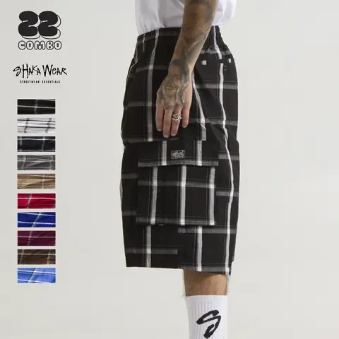 SHAKA WEAR Men's Korean Cute Checked Preppy Heavy Cotton Boxy Cargo Shorts - 6-Pocket Carry, Anti-Theft, High-Capacity, Soft, Breathable, Big & Tall Plus-Size Casual Bottoms for Halloween, Thanksgiving