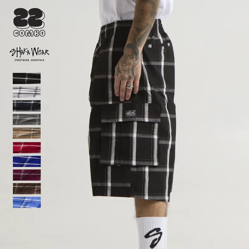 SHAKA WEAR Men's Korean Cute Checked Preppy Heavy Cotton Boxy Cargo Shorts - 6-Pocket Carry, Anti-Theft, High-Capacity, Soft, Breathable, Big & Tall Plus-Size Casual Bottoms for Halloween, Thanksgiving