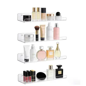 Floating Acrylic Wall Shelf 15" – 4-Tier Organizer for Perfume, Makeup, Skincare, Kitchen & Bathroom Storage, Clear Display Rack for Books, Magazines, Home Decor