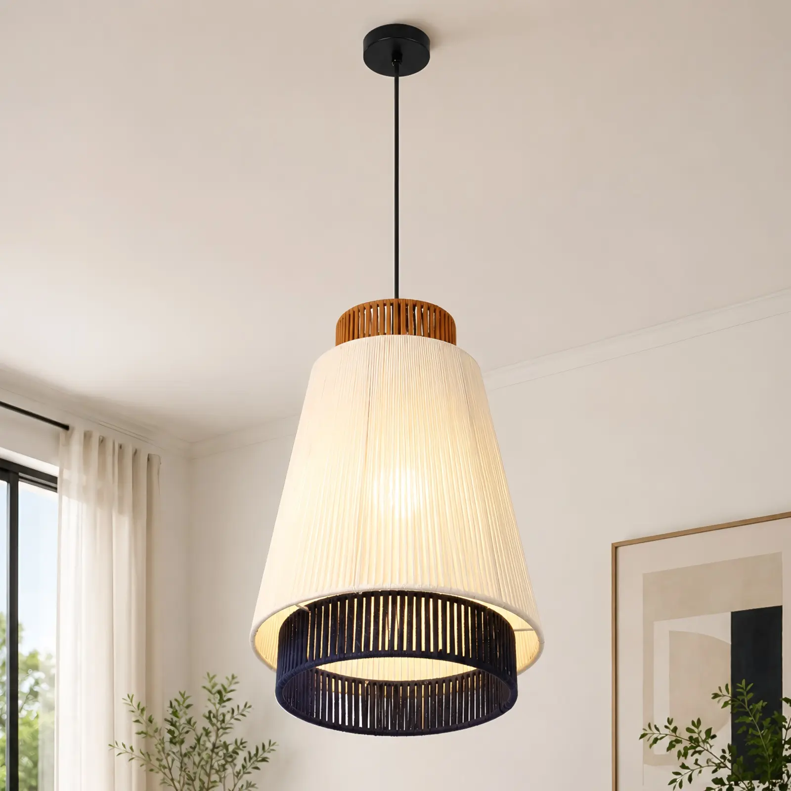 Boho Woven Rope Pendant Light - E26 Farmhouse Ceiling Light for Kitchen Island, Dining Room