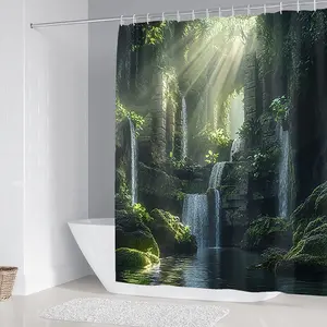 Waterfall Sun Pattern Shower Curtain Set with Rug, Non-Slip Bath Mat, U-Shaped Toilet Lid Cover Pad, Modern Home Decor Accessories