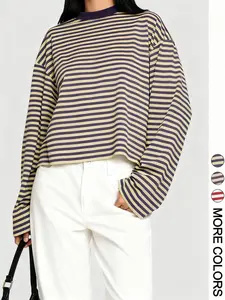 Valentine's Day Women's Minimalist Striped Casual Long Sleeve Sweatshirt Top, Loose-Fit Kint Fabric, All Seasons Wear, Moderate Thickness