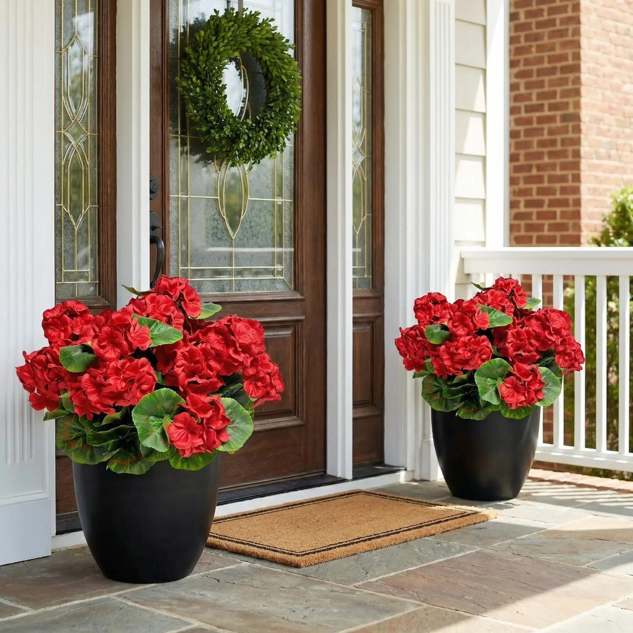 【Summer Deal】Silvanest  6/12 Bundles Artificial Geraniums Fake Flowers Outdoor UV Resistant, Red Faux Silk Geranium Plants for Front Door Porch Patio Planter Garden Balcony Decor