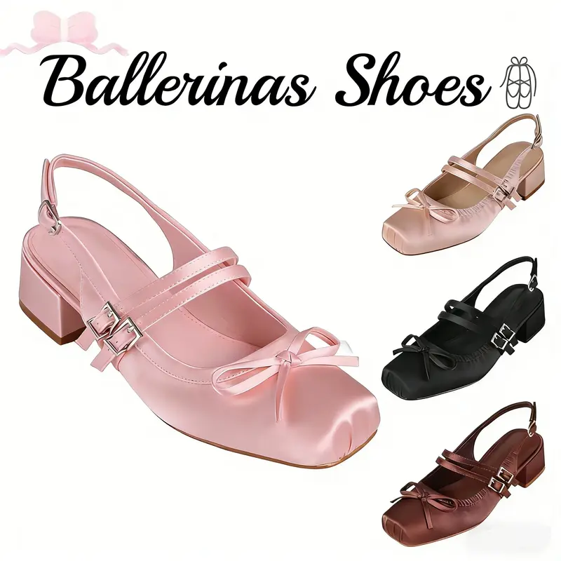 Women's Mary Janes Shoes - Cute Silk Upper, Square Toe, Slip-On, Ankle Silk Bowknot Heels, Low Cuban Heel, Plain Blush Pink Pumps, Elegant Party & Versatile Casual Footwear for Women