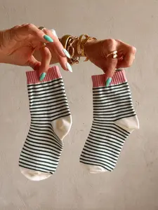 Stripe Socks in Cream, Evergreen, & Pink
