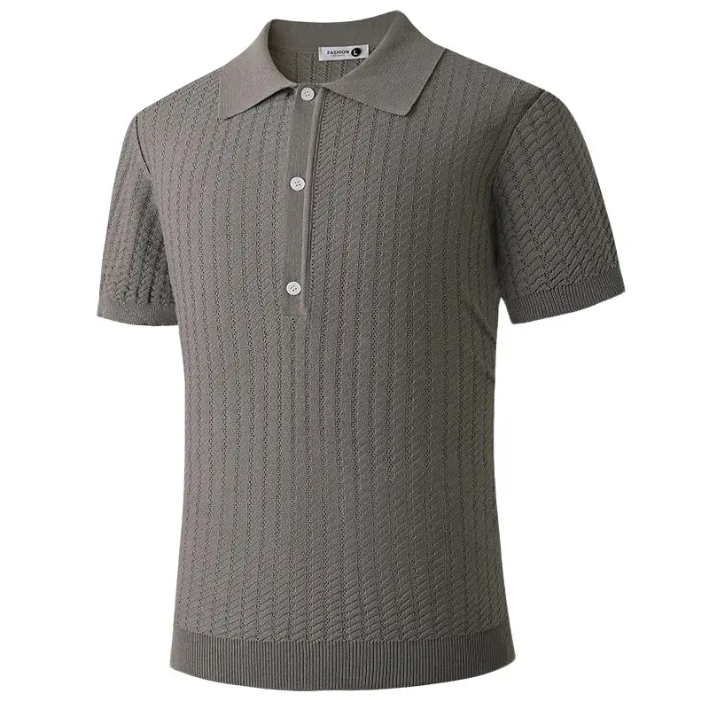 Men's Textured Cable-Knit Polo Shirt - Stylish Short Sleeve Collared T-Shirt with Breathable Cooling Ice Silk for Golf, Top, Casual Chic, Basics, Shortsleeve, Tops, Button, Business, Plain, Polyester, Valentines Day, Spring, Regular, Textured Knit