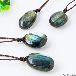 Natural Labradorite Pendant Necklace, Healing Moonstone Charm For Stress & Anxiety Relief, Polished Crystal Therapy Palm Stone Jewelry