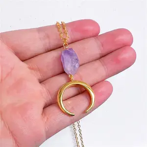 Amethyst and Gold Alloy Crescent Moon Necklace