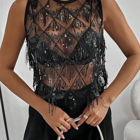 Sequin Mesh Sleeveless Fitted Short Top, Womenswear, Sexy Fashion Style with Fringe, Perfect for Young Women Parties and Nightclubs