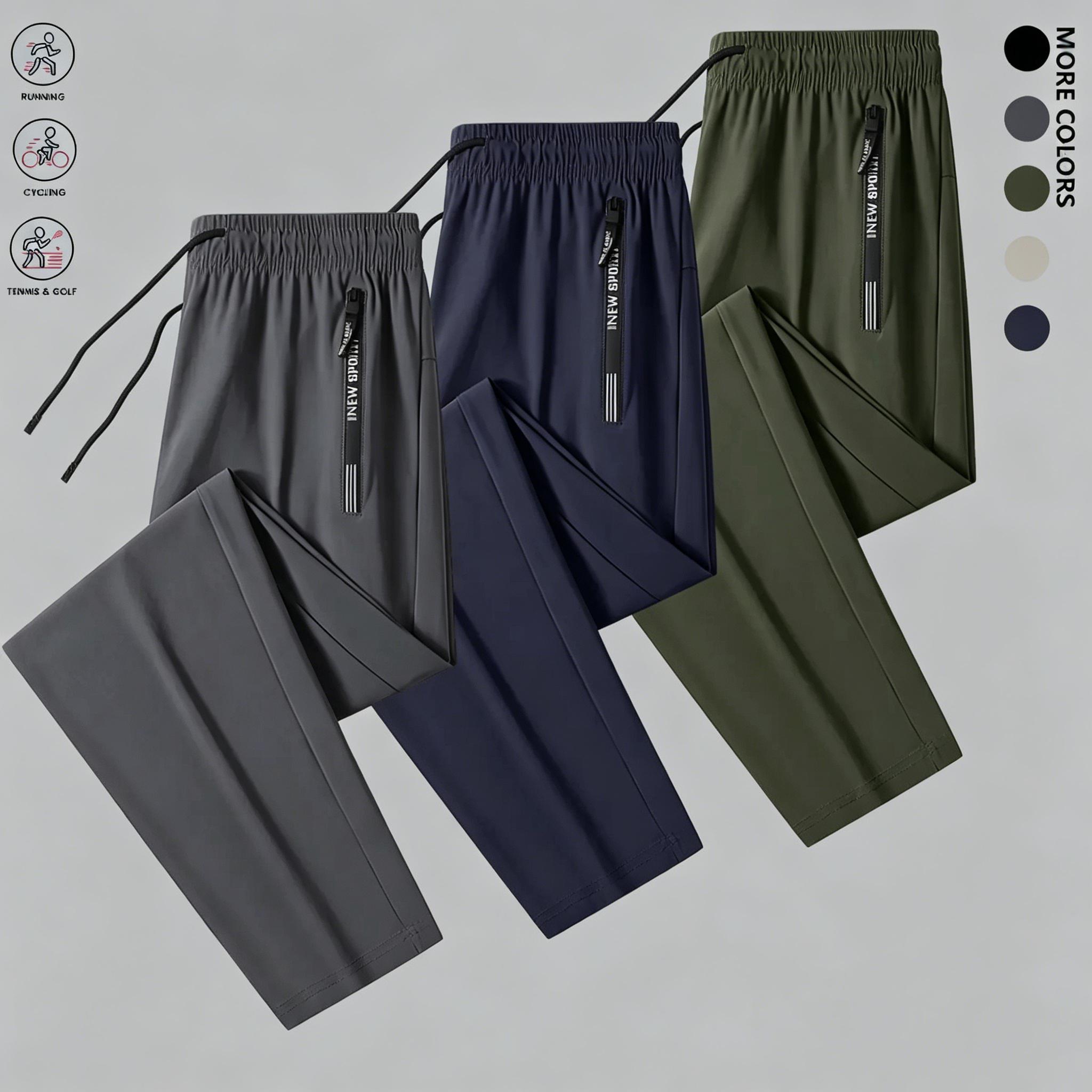 Men’s slim fit ice silk cool-touch lightweight long pants, 3-pack — drawstring elastic waistband design, zippered pockets; a summer essential for everyday casual wear. This flat-foot long pants is ideal for outdoor running and fitness.