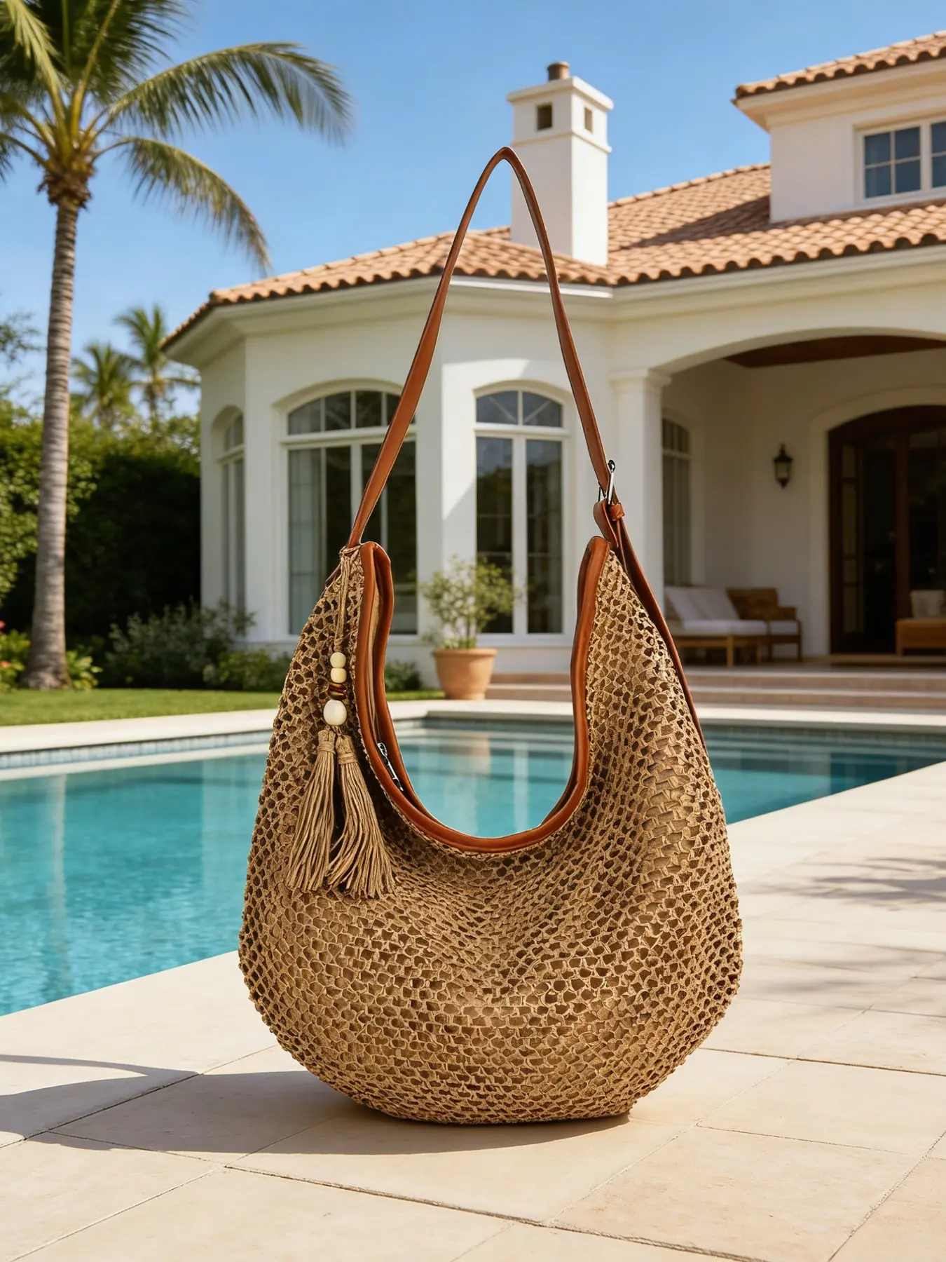 1pc Boho Crochet Straw Hobo Bag for Women, Hand-Woven Large Capacity Shoulder Bag with Tassel, Hollow Out Woven Summer Beach Handbag for Vacation Travel