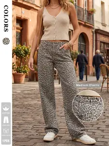 1 Pair Women's Leopard Print Wide Leg Jeans, Casual Fitted Denim Jeans, Vintage Street Style, Streetwear, Spring Summer Fashion, Daily Wear, Friends Gathering Pants