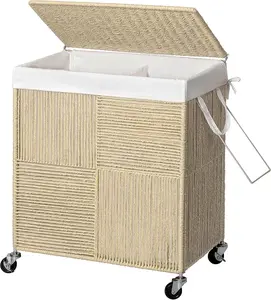 Double Laundry Hamper with Lid, Handwoven Rolling Laundry Basket with Wheels, 115L Dirty Clothes Hamper with Removable Liner Bag Large Laundry Sorter Laundry Room Organization,Light Beige