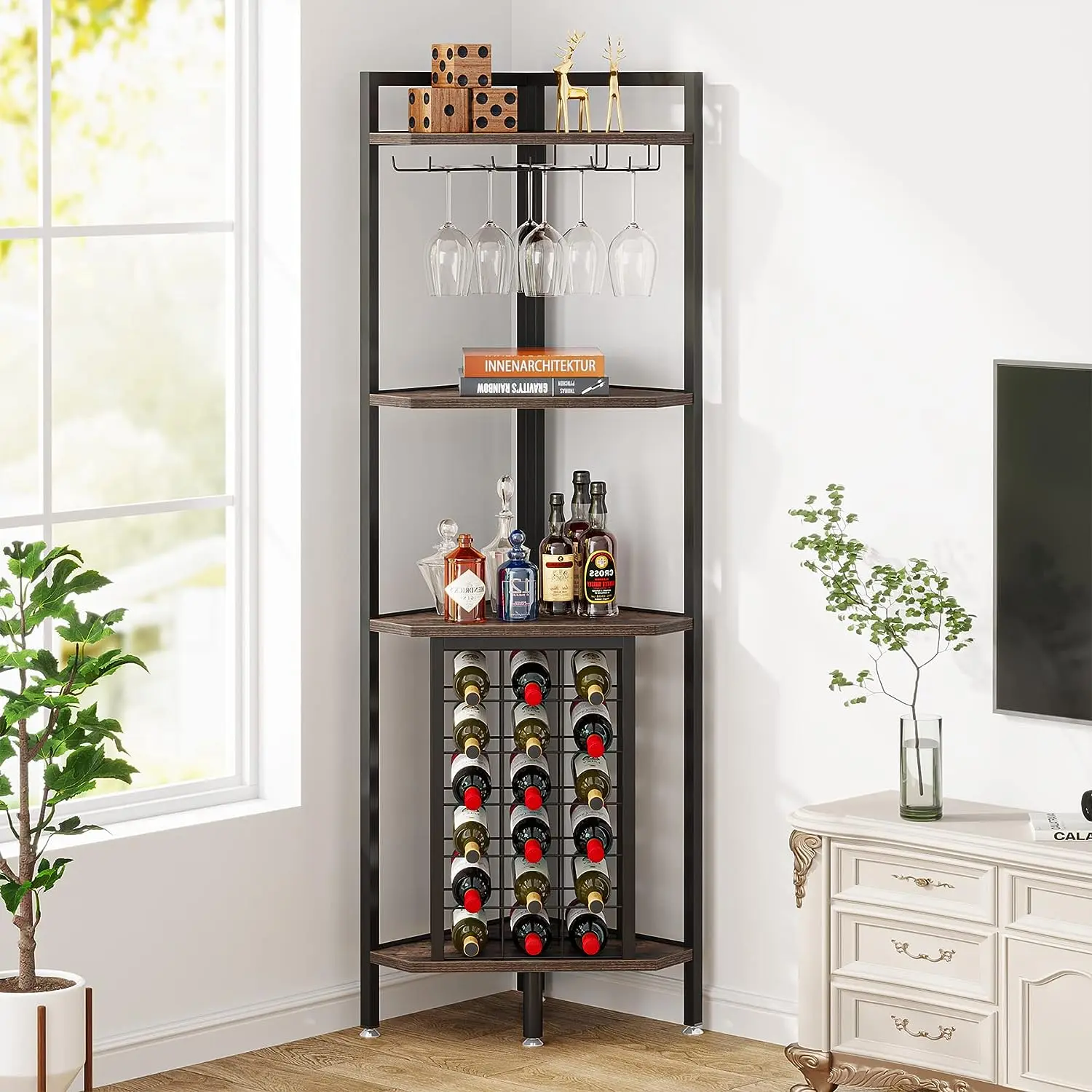 Tribesigns Industrial 4 Tier Corner Wine Rack with Glass Holder,Corner Bar Utensils Metal Tribesigns Industrial 4 Tier Corner Wine Rack with Glass Holder,Corner Bar Utensils Metal