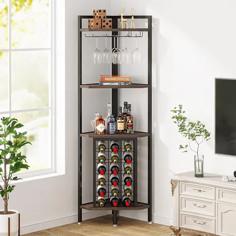 Tribesigns Industrial 4 Tier Corner Wine Rack with Glass Holder,Corner Bar Utensils Metal