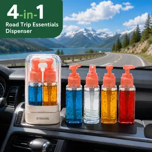 4-in-1 Road Trip Essentials Travel Dispenser Bottle, Portable Leak-Proof Toiletry Container, Compact Space-Saver Must Haves for Car Camping & Weekend Getaways