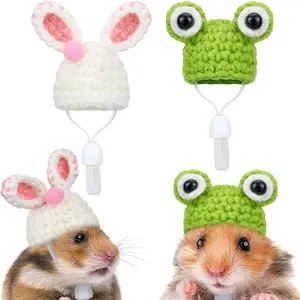 Xuniea 2pcs Polycotton Hats for Small Animals, Frog & Bunny Style, Hand Knitted Hat with Adjustable Strap, Pet Apparel for Hamsters, Dutch Pigs, Snakes, Photo Props