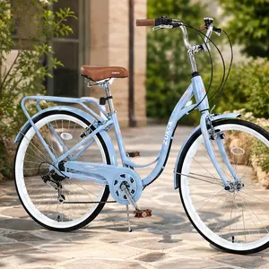 24 Inch Ladies Comfort Bike 7 Speed Steel Frame Step-Thru City Cruiser Bicycle for Women Commuting Leisure Riding Multiple Color Options Blue Beige Green Yellow, Beige/Blue/Garden & Outdoor/Green Color Options, Steel Material