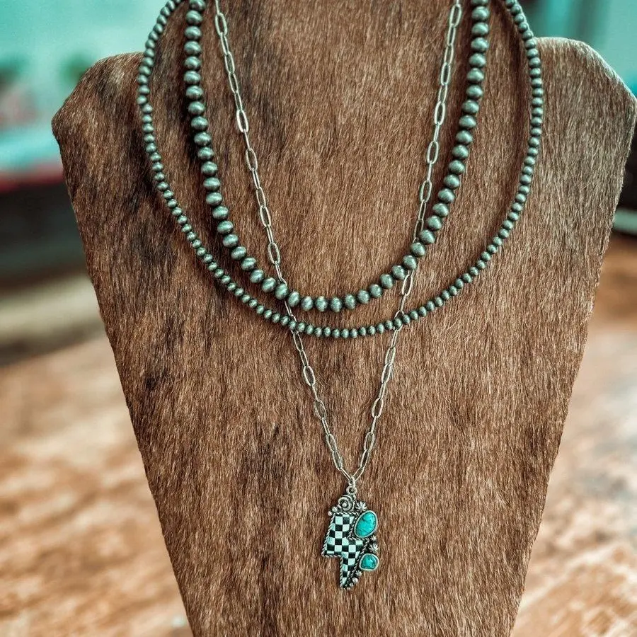 Women's Sterling Silver Pendant Necklace, Funky Checkered Lightning Bolt with Turquoise, Bold Design on 19.6" Paperclip Chain, Lightning Bolt Pendant, Unique, Turquoise Jewelry, Funky Unique Accessories, Playful