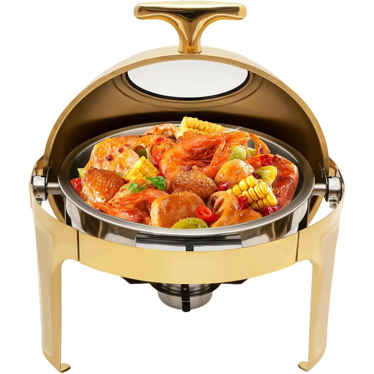 1Pc Round Chafing Dish Buffet 6.3 QT, Roll Top Stainless Steel Buffet Warmer Chafers with Food and Water Trays, Buffet Warmer with Thick Frame for Catering Events Parties Weddings Dinners (Gold) Bakeware