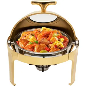 1Pc Round Chafing Dish Buffet 6.3 QT, Roll Top Stainless Steel Buffet Warmer Chafers with Food and Water Trays, Buffet Warmer with Thick Frame for Catering Events Parties Weddings Dinners (Gold) Bakeware