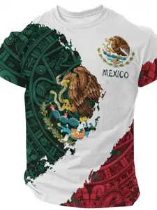 Mexico themed 3D digital men's LongHuman Gamis round neck slim fit short sleeved top men's football jacket pullover elastic T-shirt street wear tropical white Round Neckline Mexican Theme