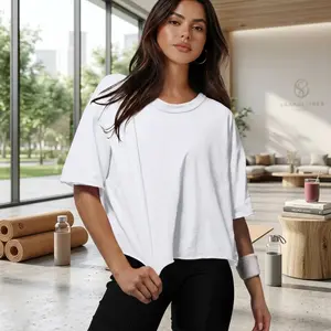 Lady's Cotton Oversized Tshirt - Women's Drop Shoulder Round Neck Crop Tshirt, Comfortable Breathable Soft Fabric, Casual Essential Clothing for Daily Wear, Gym Yoga