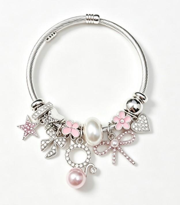 Women's Silver Twisted Wire Open Cuff Bracelet - Dual-Style Pink & White Rhinestone, Bow, Star, Heart, 4-Leaf Clover, Pearl Pendant Bangle, Stackable Dainty Costume Jewelry Gift
