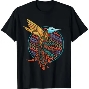Menswear Hummingbird Tribal Art Native American Indigenous T-Shirt - Natural Short-Sleeve Fabric Top for Native American Indian Day Gifts