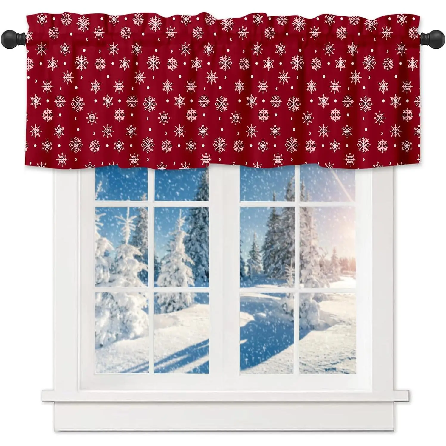 Snowflakes Window Valances Red Christmas Kitchen Short Curtains with Rod Pocket Valance Drapes   Window  for Living Room Bedroom Bathroom Decor 54" X 18"