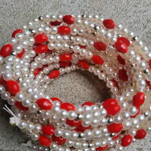 Pearls & Red 60inch Tie On Waist Bead - White Pearls with Red Accents for Stylish Wear