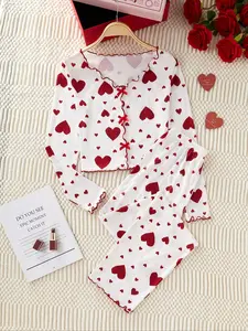 Autumn Winter Women's Fitted Pajama Set, Heart Print V-Neck Long Sleeve Sleepwear, Loungewear with Elastic Waist Pants, Casual Elegant Comfortable Nightwear