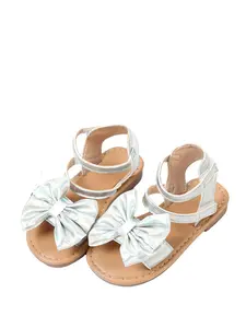 Girls' Silver Color Bow Design Sandals, Velcro Easy-On, Casual PU Leather, Spring & Fall, Perfect for Parties, School, Beach, Playtime