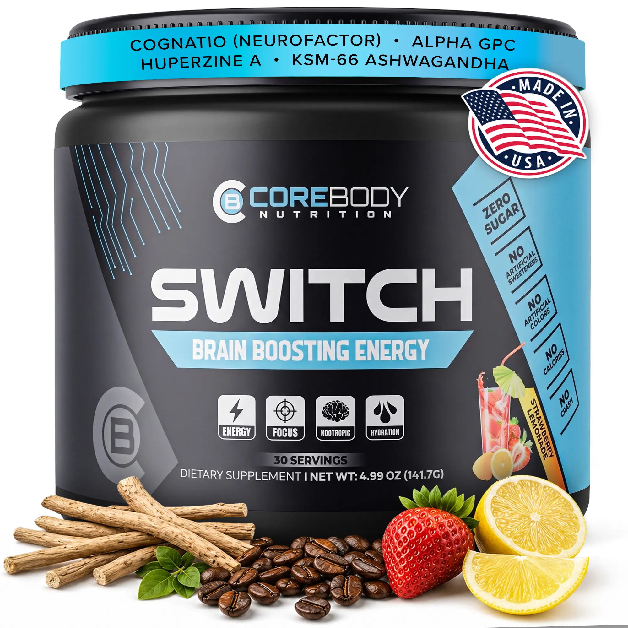 Switch, Brain Boosting Nootropic Energy Supplement Powder - Made in USA - Alpha GPC, NALT, Ashwagandha, Sugar Free Energy, Keto, Increase Mental Focus & Cognitive Function, Enhances Mood & Memory