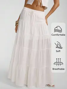 Women's New Spring Summer Plain Long Maxi Dress, Elegant Chic Casual Pleated A-Line Skirt, Bohemian Style Vacation Wear, Boho Casual Skirts, Flowy Pleated Skirts