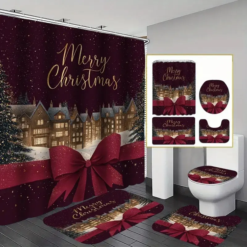 1pc/4pcs luxury Christmas night scene print shower curtain set, Bathroom Supplies, non-slip floor mat, U-shaped carpet, toilet lid cover, perfect for bathroom decoration, partition, beautify the space, free 12 shower curtain hooks