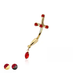 14G 316L Surgical Steel Red Gem Dagger Dangle Marquise Belly Button Navel Ring