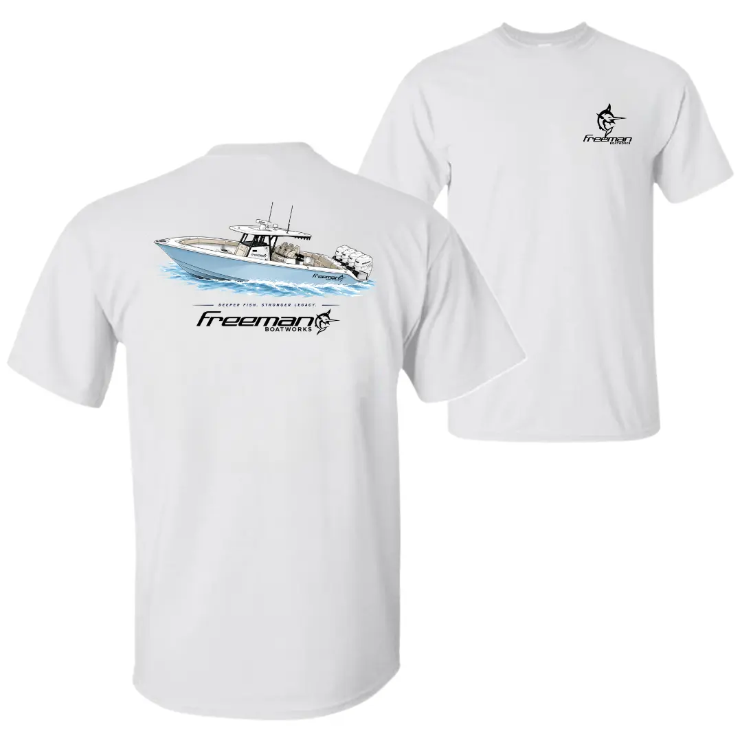 Freeman Boat Deeper T-Shirt, Offshore Catamaran Fishing Boat Graphic Tee, Soft Cotton Blend Marine Apparel, Deep Sea Angler Shirt for Men & Women, Boat Lover Gift