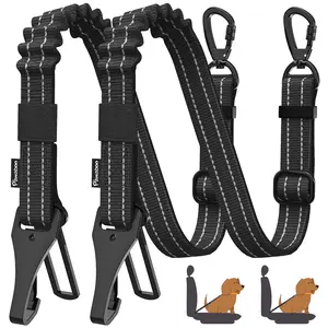 Pawaboo 2Pack Dog Seatbelt for Car, 3-in-1 Dog Car Seat Belt Bungee, Shockproof Dog Tether for Car with Buckle & Hook Latch, Adjustable Reflective Dog Car Harness Leash with 360° Lockable Buckle