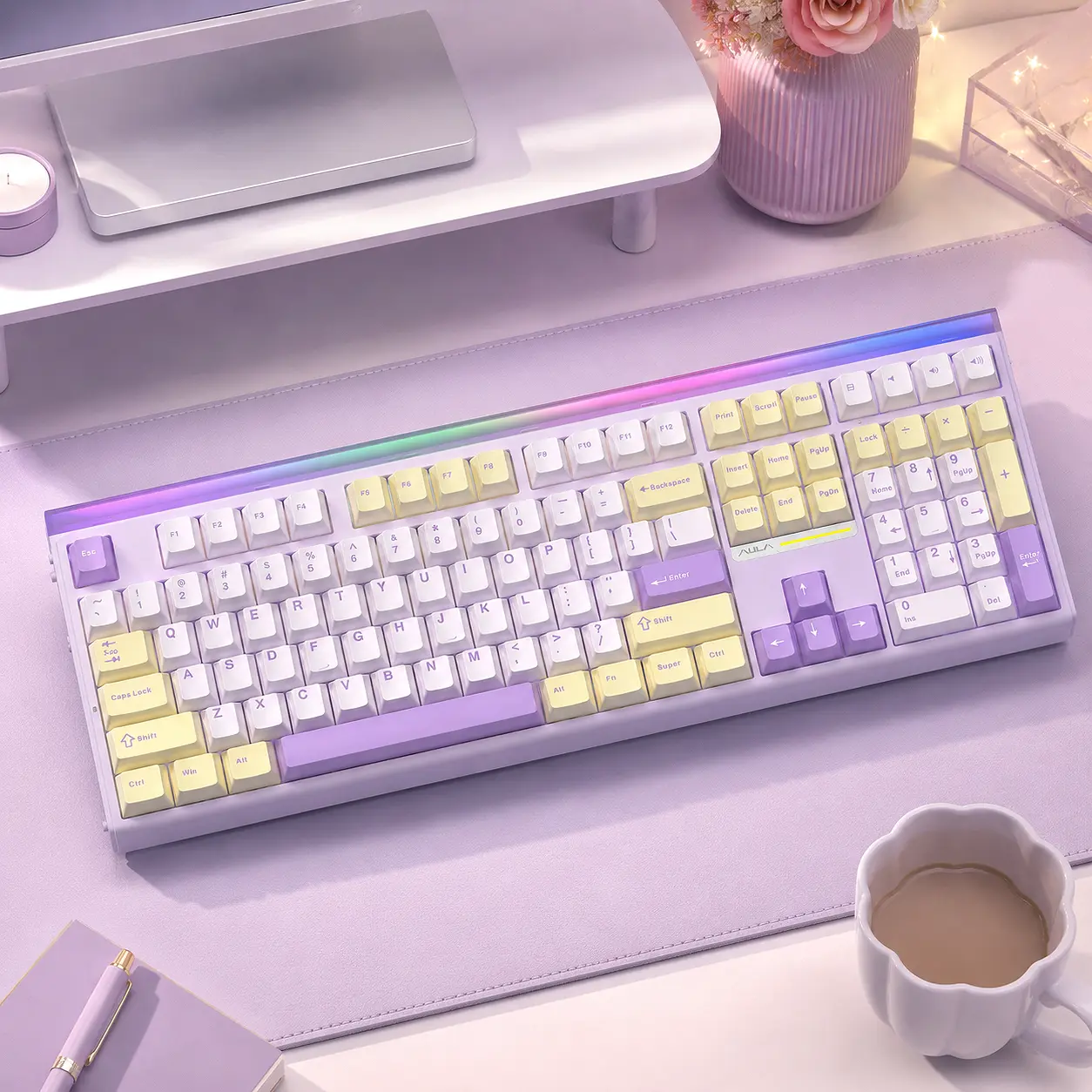 [New]AULA H108 Full-Size Silent Mechanical Keyboard,Tri-Mode Bluetooth 2.4G Wireless,Silent Feather Switches, RGB Backlight Yellow and Purple Options for Office Use, PC Accessories, Silent Keyboards,back to school,back to school shopping