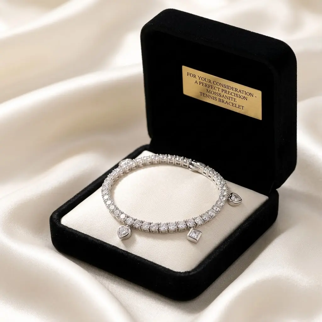 Elegant Tennis Bracelet in Black Velvet Box with Gold Plaque for Your Consideration