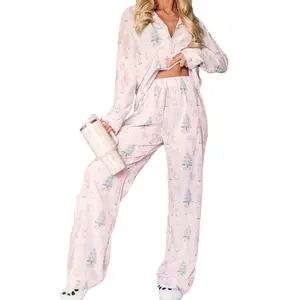 Women Christmas Pajamas Lounge Set Santa Christmas Tree Print Long Sleeve Tops and Pants 2 Piece Loungewear Outfits Womenswear Polyester
