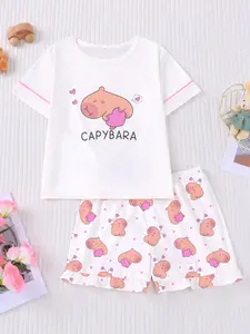 Capybara Water Buffalo Kids Pajama Set, Fire Retardant Summer Sleepwear, Round Neck Pajamas Short Sleeve Elastic Waist Shorts, Cute All over Print