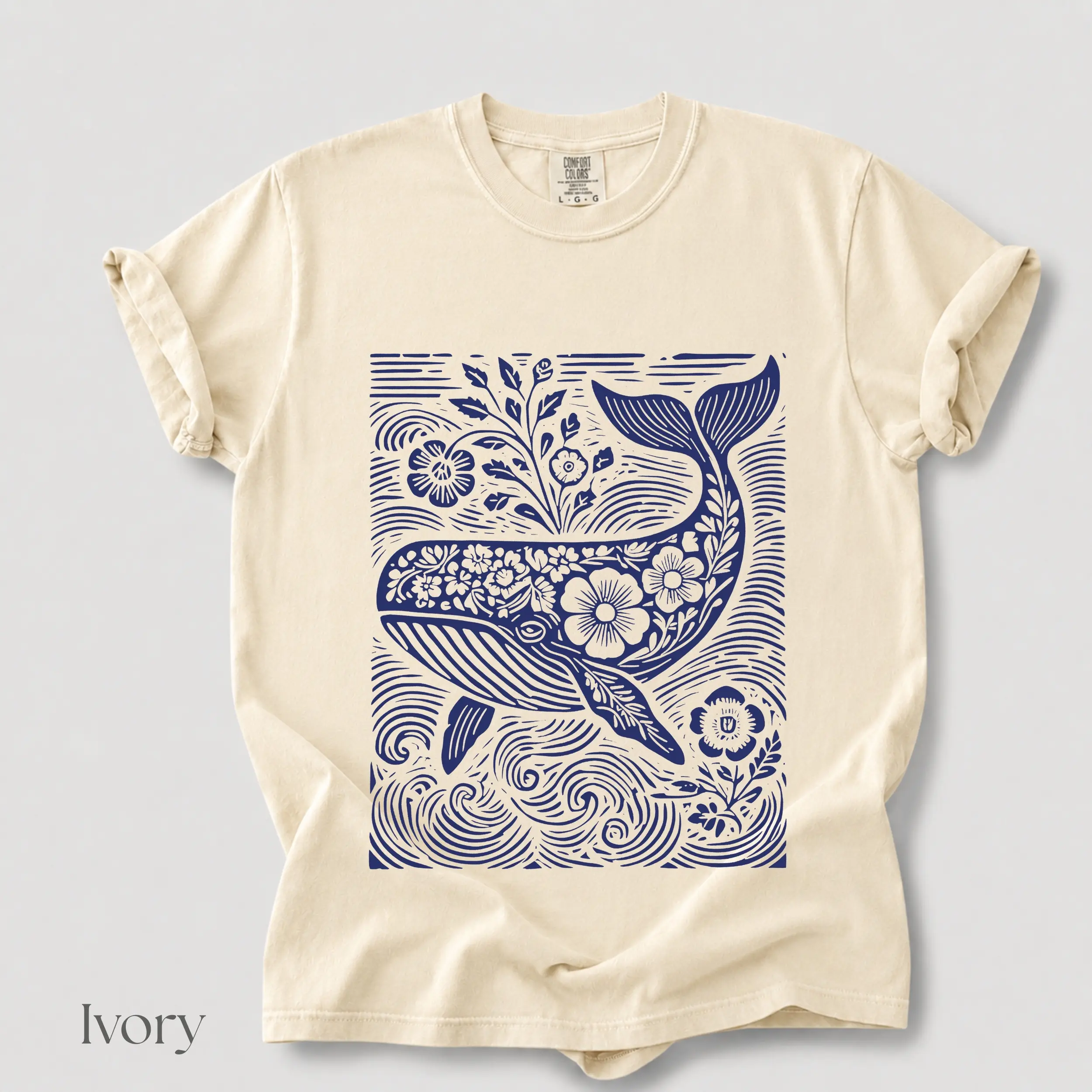 Comfort Colors Floral Whale Linocut TShirt, Folk Art Ocean Graphic Tee, Boho Beach Camping Hiking Nature Top Woodland Whale Summer Gift Cotton Fabric