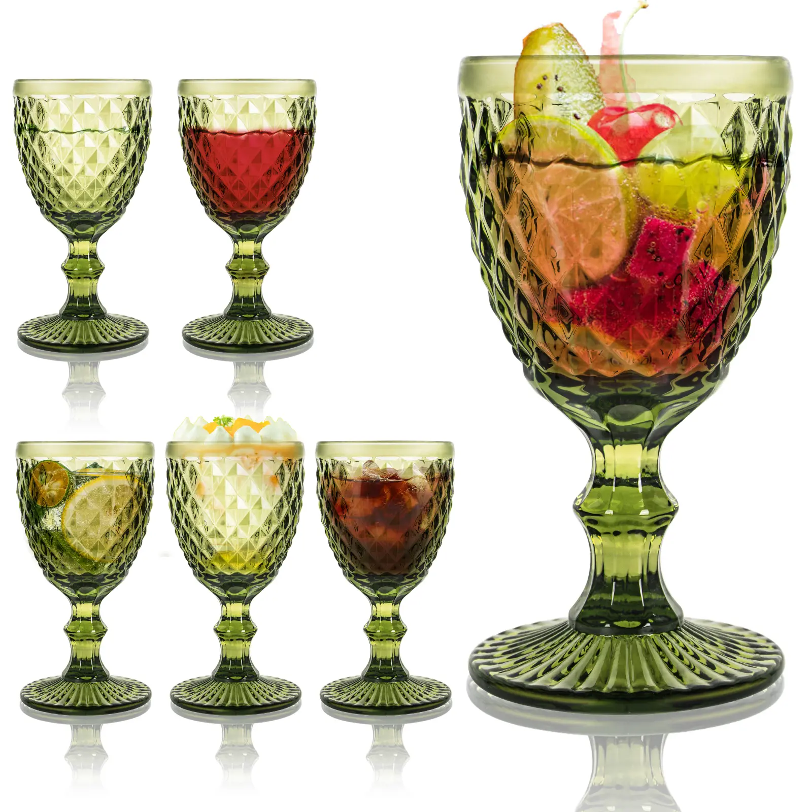 Vintage Style 6-Piece 8 Oz Round Lead-Free European Green Stemmed Wine Glasses - Dishwasher-Safe, Comfortable Grip, Charm, Smooth Drinking Experience, Kitchen Drinkware for Romantic Events, Cocktail, Elegant