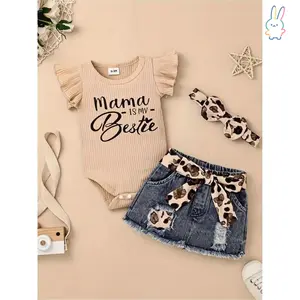 ERT-Baby's Stylish 2pcs Summer Denim Skirt Outfit Mama Is My Bestie Cap Sleeve Bodysuit & Leopard Print Hairband Set for Toddler Infant Girls