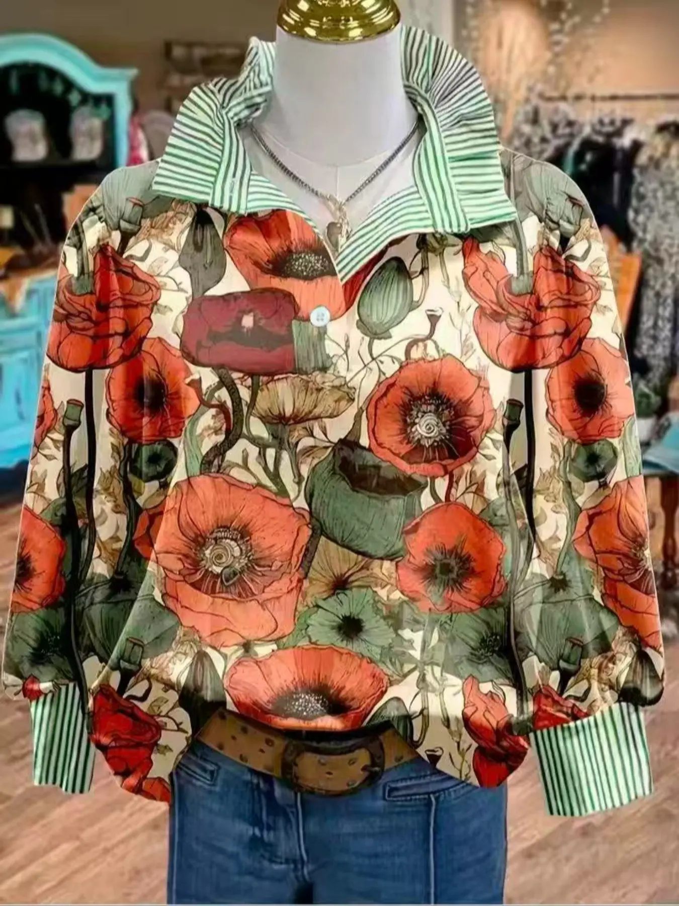 Women's Vintage Paisley Floral Print Woven Shirt Blouse, Spring Autumn Long Sleeve Loose Top, Elegant Casual Women's Clothing, Cute Workwear and Daily Wear, Boho Floral Blouse, Boho Cottagecore Shirt